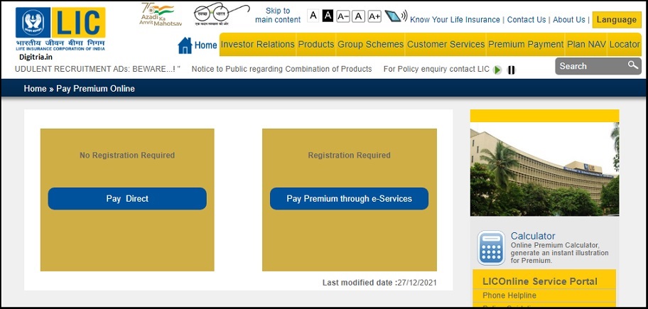 Select the Options at LIC Premium Pay Online page