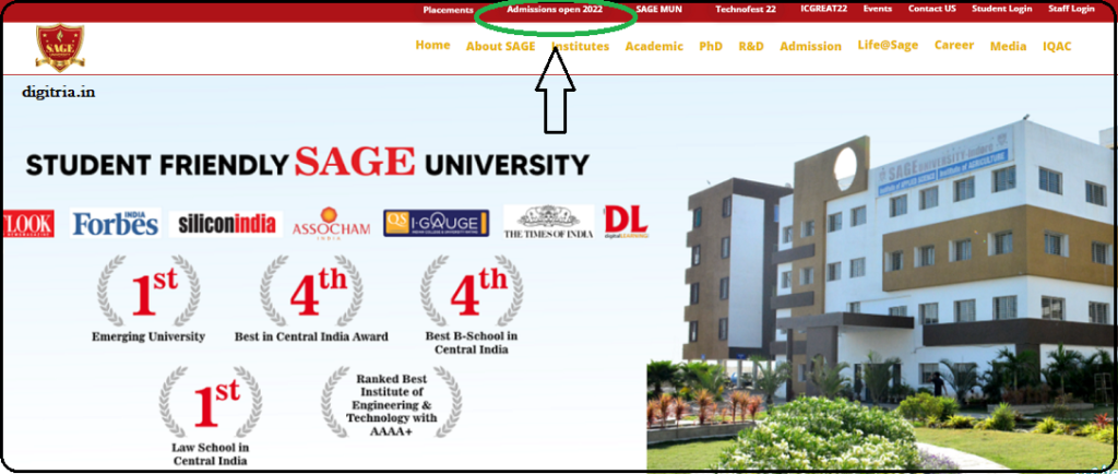 SAGE University Login Admission Open page