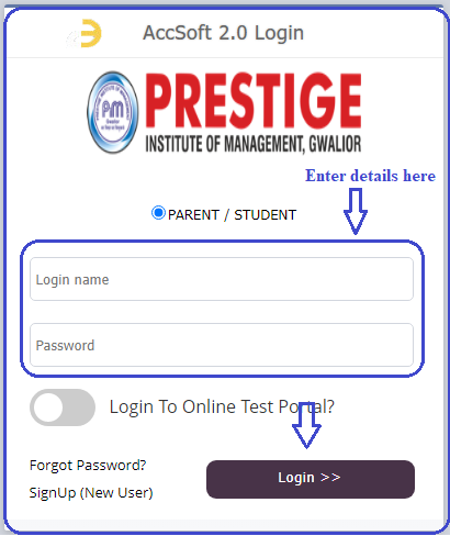 Login page of Prestige Institute 