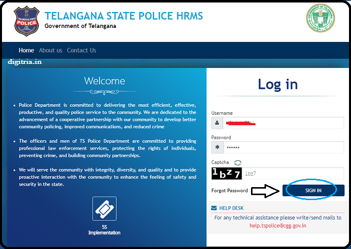 TS Police HRMS Login page