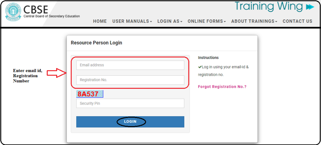 enter logins here on the CBSE Training Portal Login page